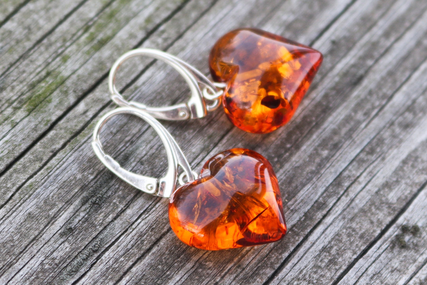 Baltic Amber Heart Earrings Cognac 1.4" 4.6 gram 925 Silver