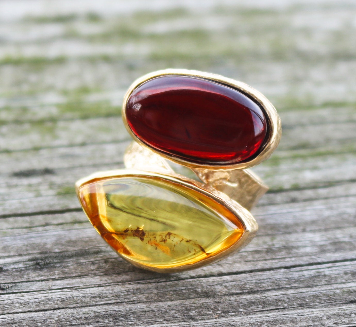 Baltic Amber Ring Gold Plated Cherry Yellow Adjustable Natural Untreated 16 gram