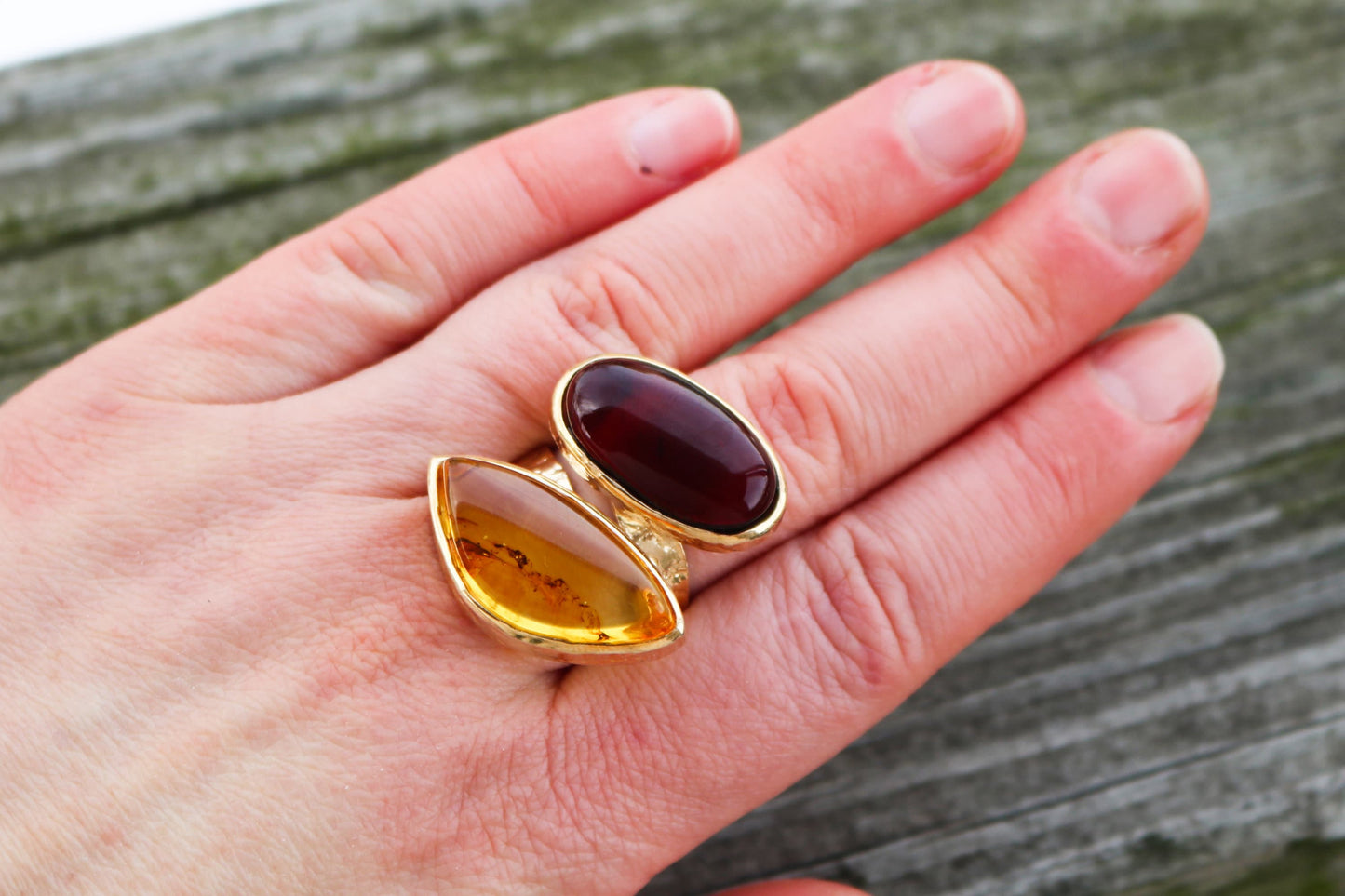 Baltic Amber Ring Gold Plated Cherry Yellow Adjustable Natural Untreated 16 gram