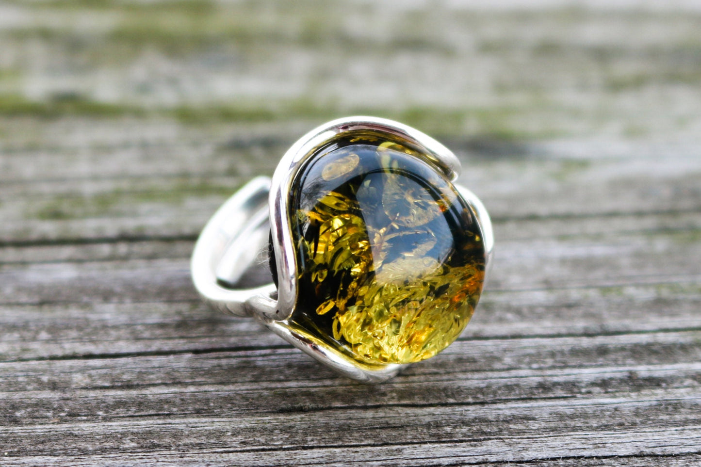 Baltic Amber Green Ring Adjustable Sparkling Jewelry 925 Silver 10 gram