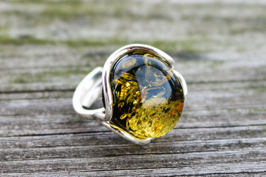 Baltic Amber Green Ring Adjustable Sparkling Jewelry 925 Silver 10 gram