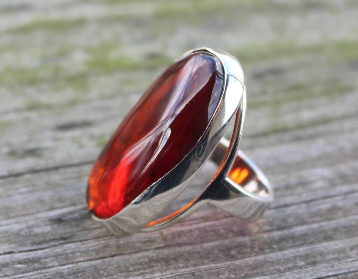 Baltic Amber Cherry Ring Oval Natural Adjustable Unisex 925 silver 12.1 gram