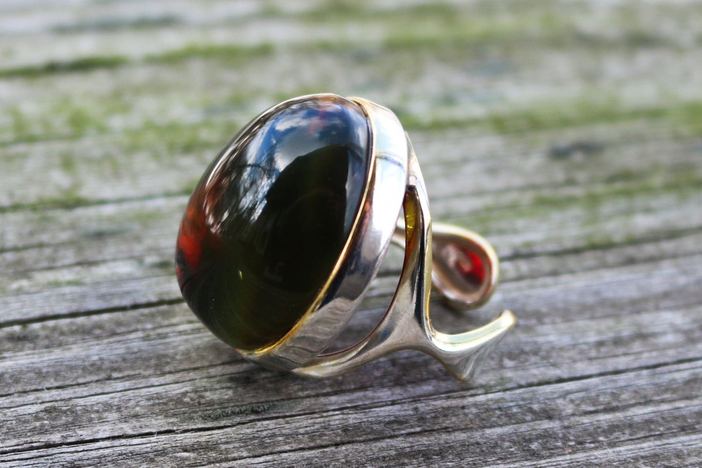 Baltic Amber Cherry Ring Large Adjustable Round Natural Untreated 925 Silver 18.4 gram