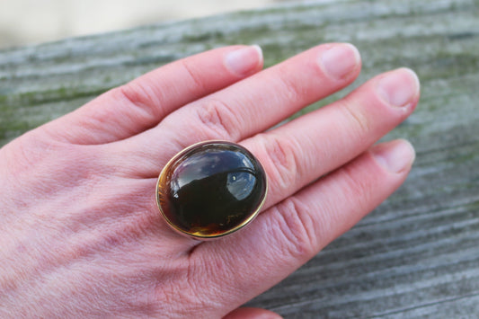 Baltic Amber Cherry Ring Large Adjustable Round Natural Untreated 925 Silver 18.4 gram