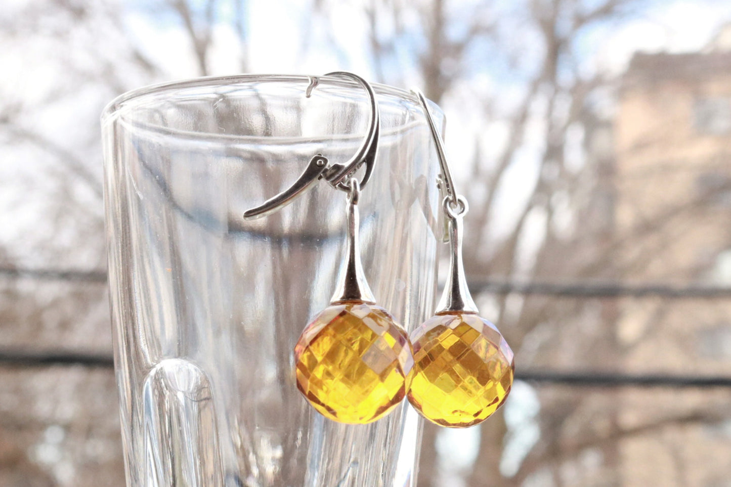 Baltic Amber Earrings Honey Faceted Balls Jewelry 1.8" 6 gram 925 silver