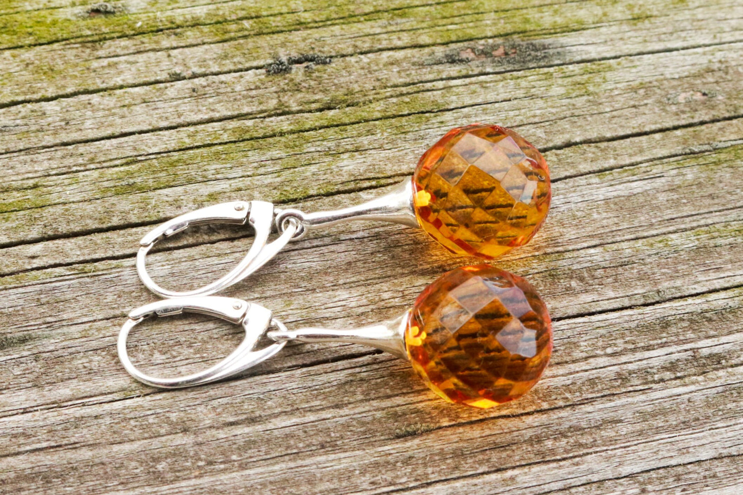 Baltic Amber Earrings Honey Faceted Balls Jewelry 1.8" 6 gram 925 silver