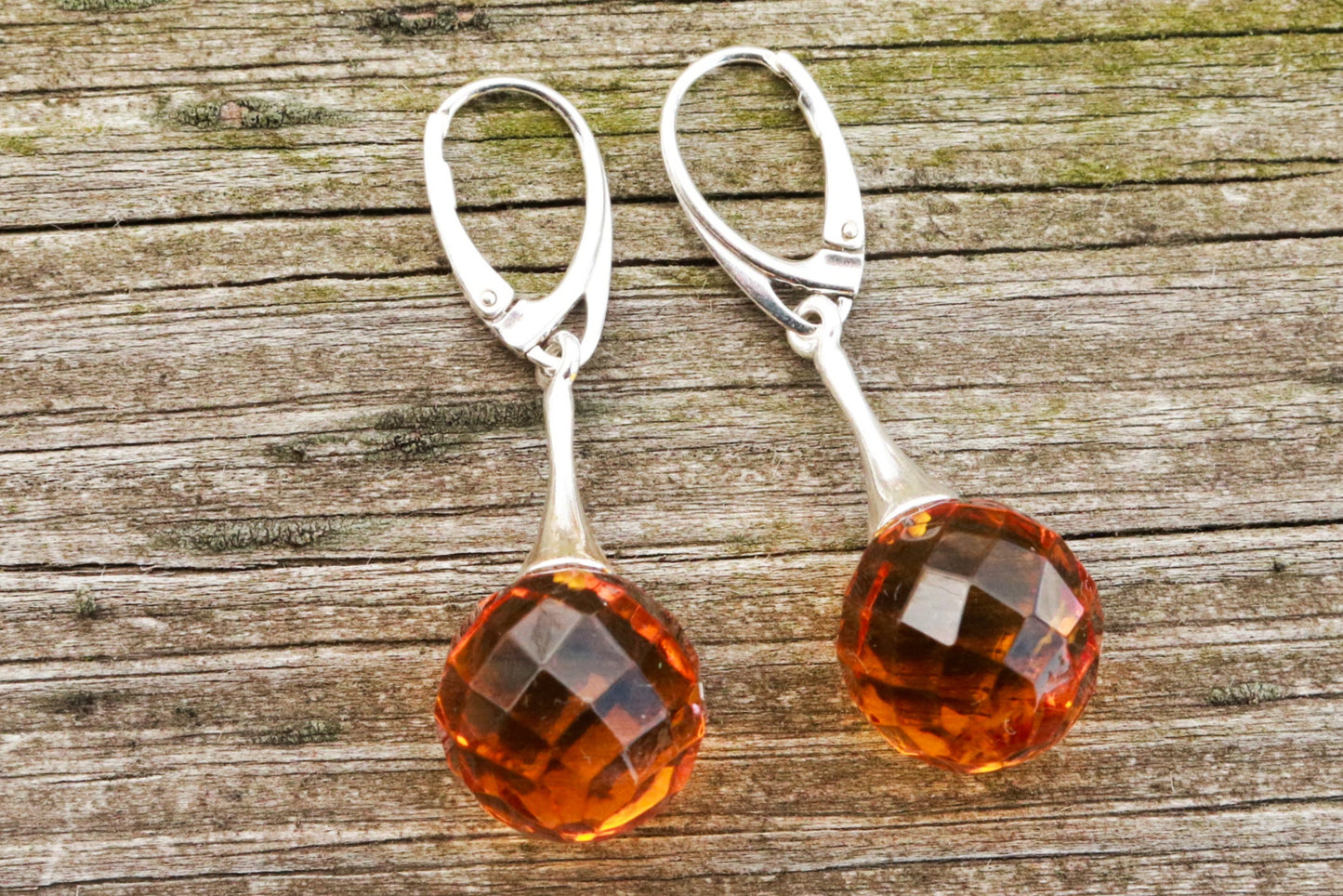 Baltic Amber Earrings Honey Faceted Balls Jewelry 1.8" 6 gram 925 silver