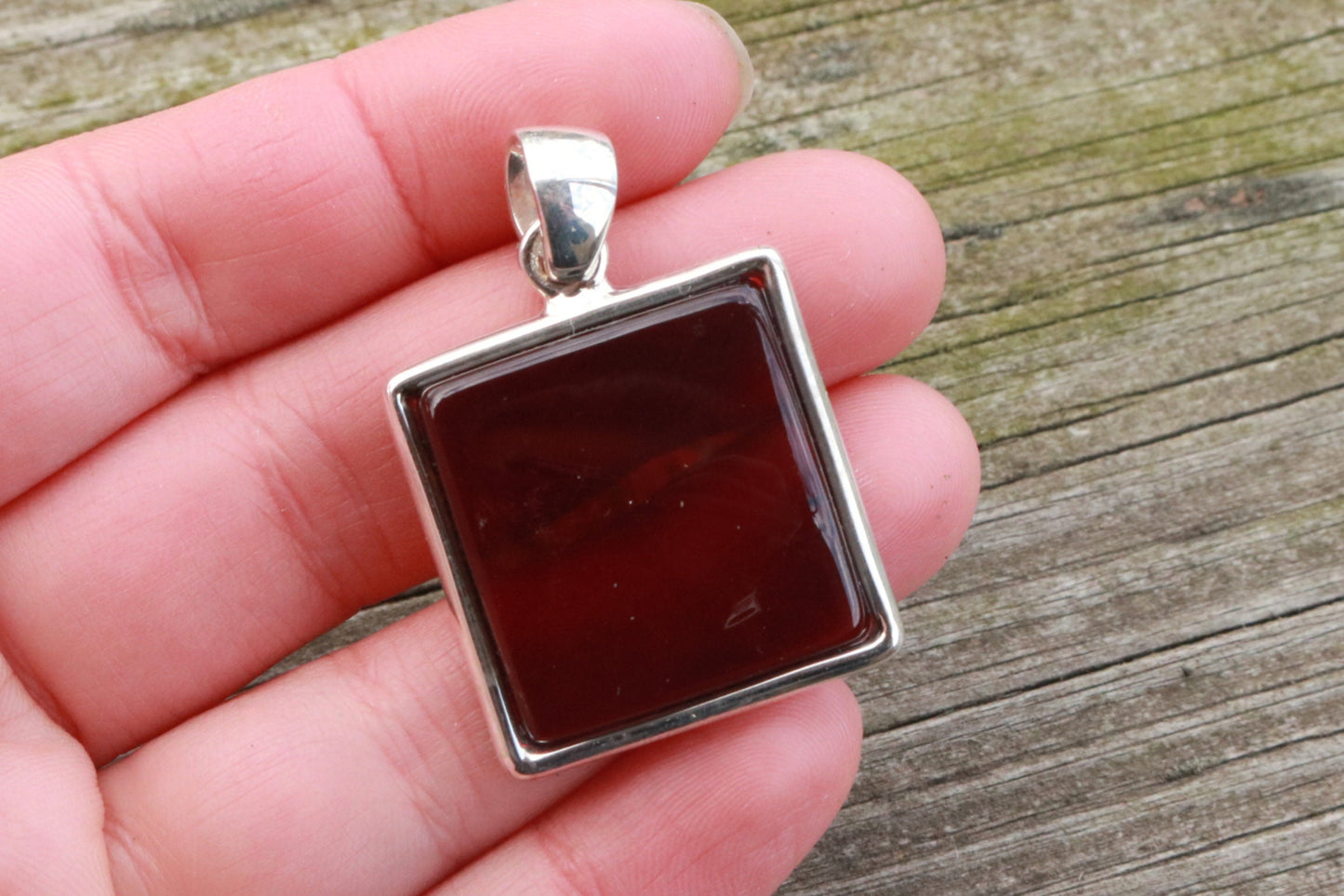 Baltic Amber Cherry Pendant Square Unisex Jewelry 1.63" 10 gram 925 Silver