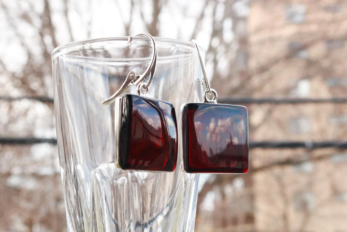 Baltic Amber Earrings Cherry Square Natural Jewelry 1.6" 10 gram 925 silver