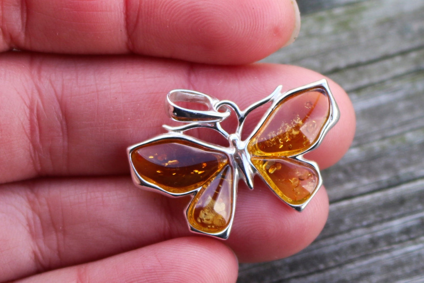 Baltic Amber Butterfly Pendant Honey Natural 925 Silver