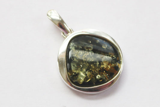 Baltic Amber Pendant Sparkling Green Round Unisex Jewelry 1.6" 9.1 gram 925 Silver