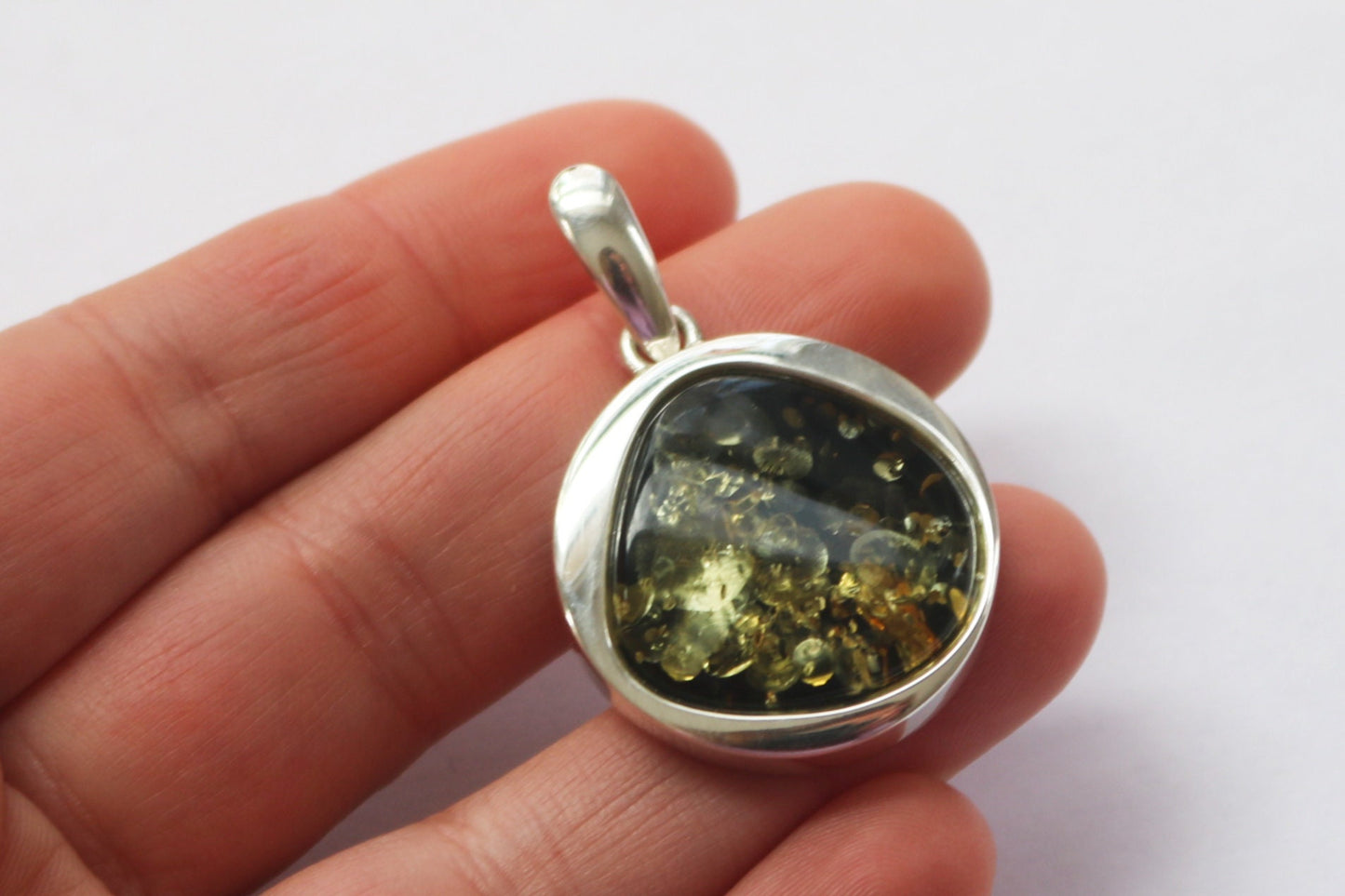 Baltic Amber Pendant Sparkling Green Round Unisex Jewelry 1.6" 9.1 gram 925 Silver