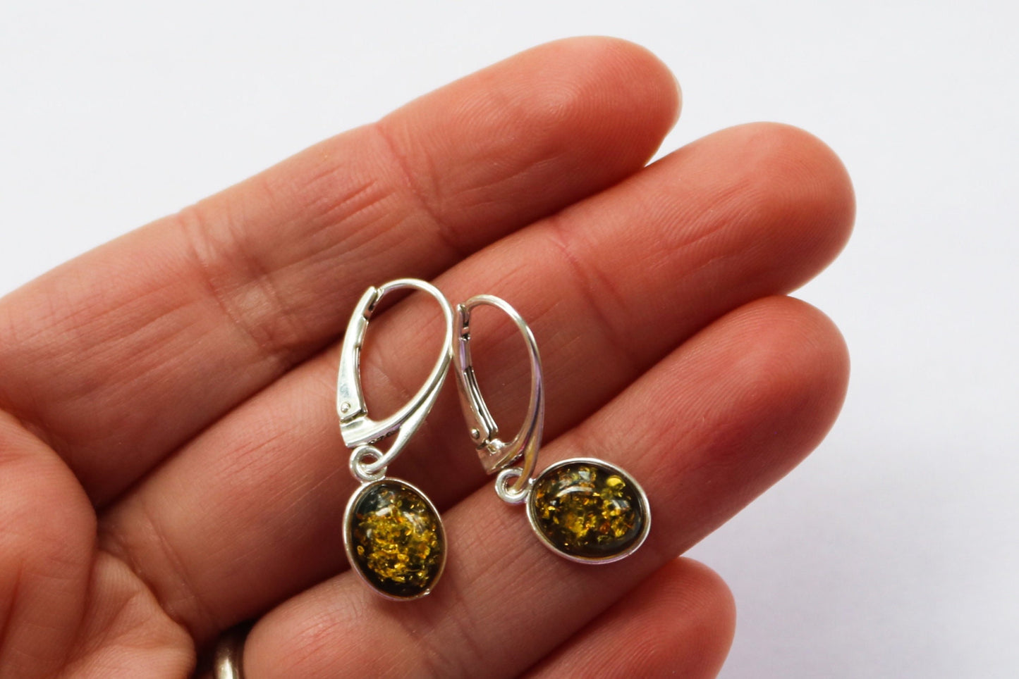 Baltic Amber Earrings Green Oval Natural Jewelry 1.18" 2.1 gram 925 Silver