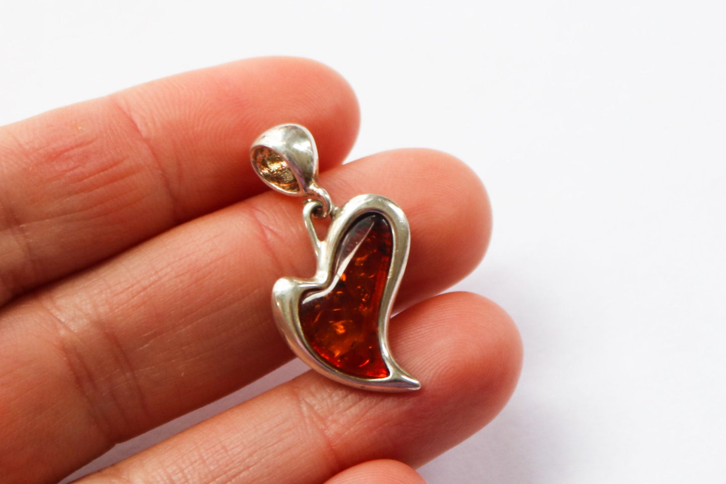 Baltic Amber Heart Pendant Cognac Charm Natural Untreated Jewelry 1.2″ 925 Silver