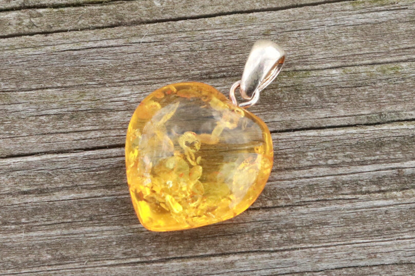 Baltic Amber Heart Pendant Yellow Lemon Sparkling 1.16" 1.8 gram 925 Silver