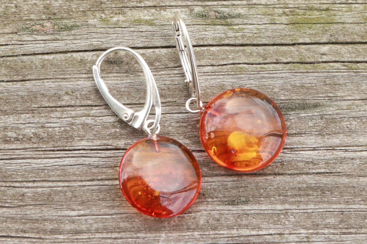 Baltic Amber Earrings Sparkling Cognac Disc Jewelry 1.4" 2.7 gram 925 Silver