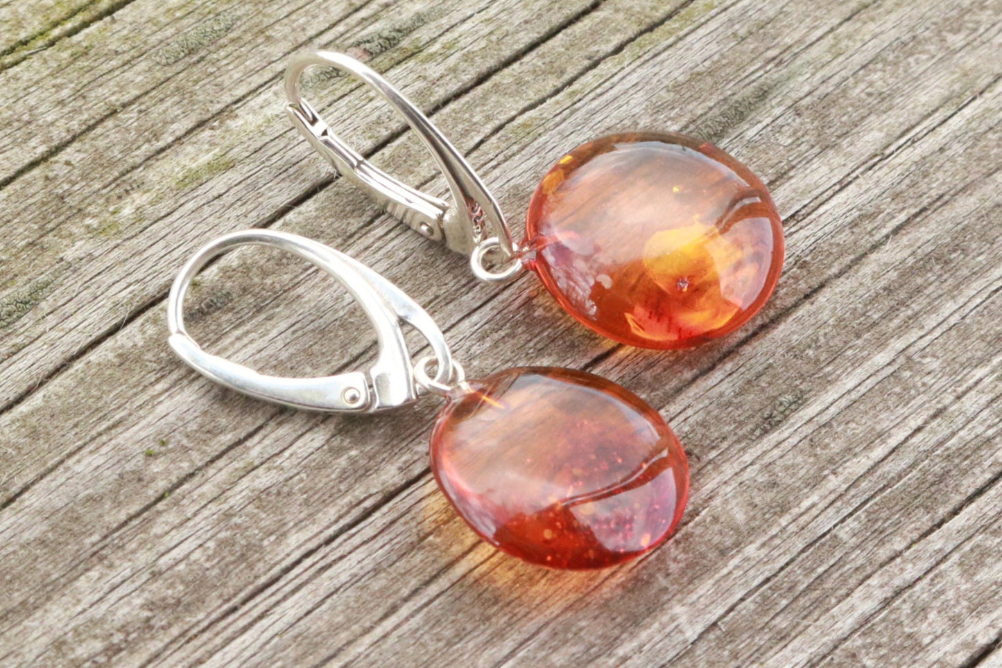 Baltic Amber Earrings Sparkling Cognac Disc Jewelry 1.4" 2.7 gram 925 Silver