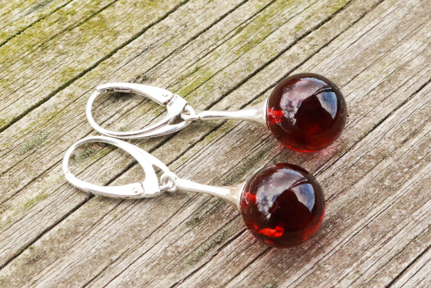 Baltic Amber Earrings Cherry Ball 1.7" 925 Silver 4.1 gram