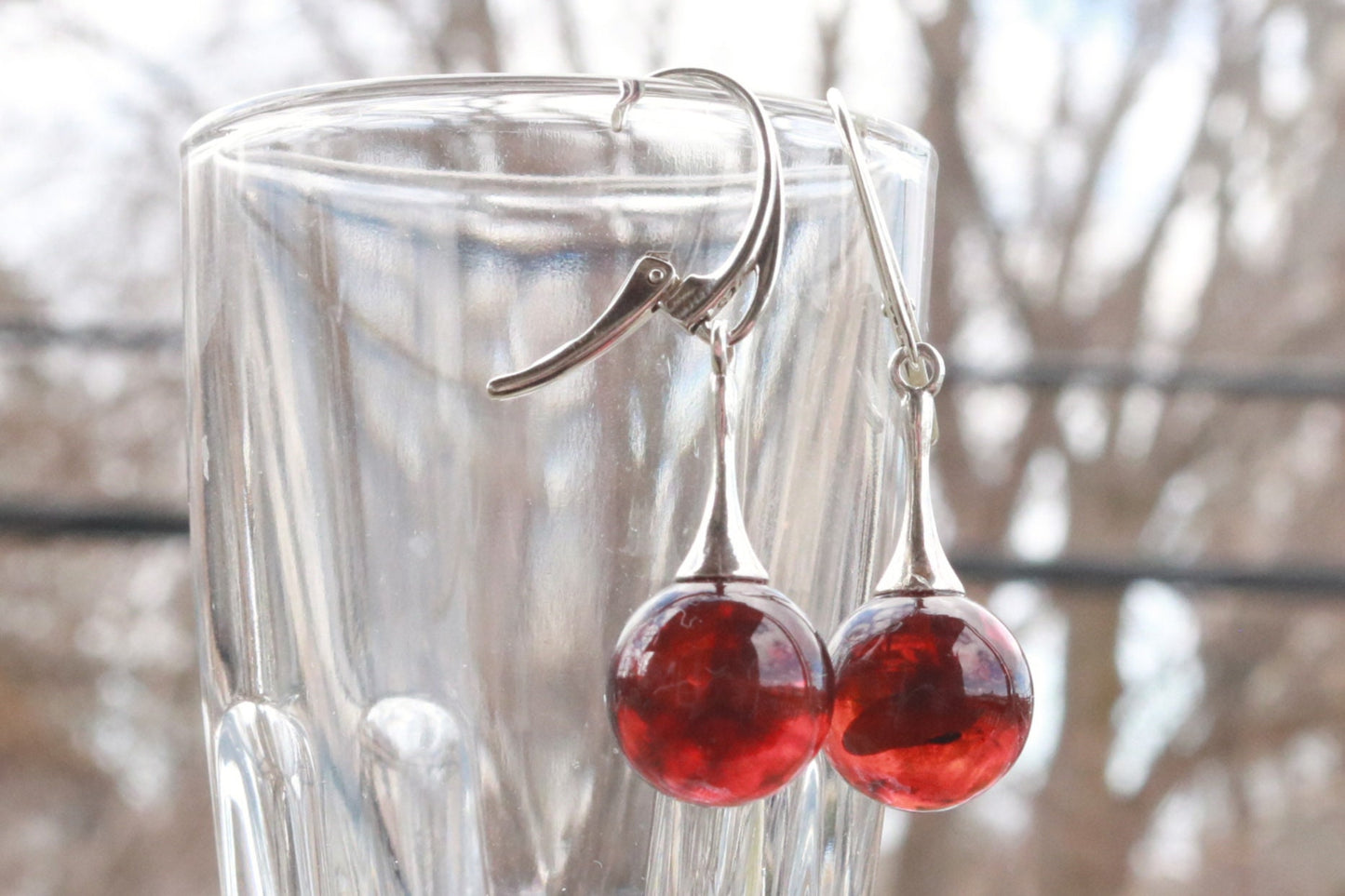 Baltic Amber Earrings Cherry Ball 1.7" 925 Silver 4.1 gram