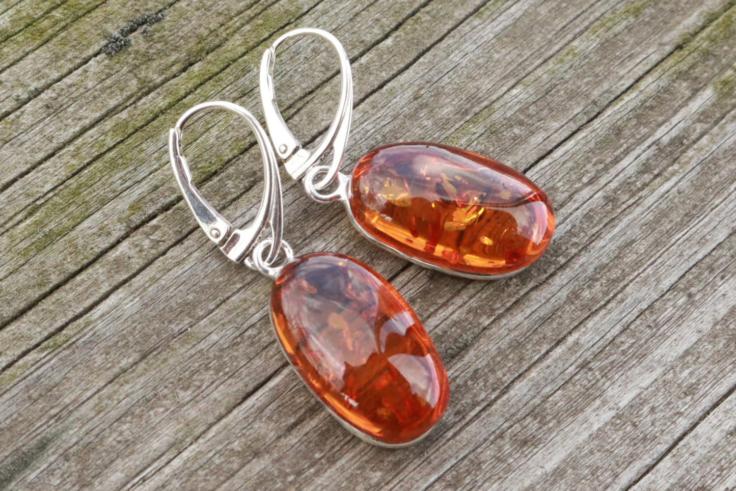 Baltic Amber Earrings Honey Oval Sparkling Natural Jewelry 1.62" 6 gram 925 silver