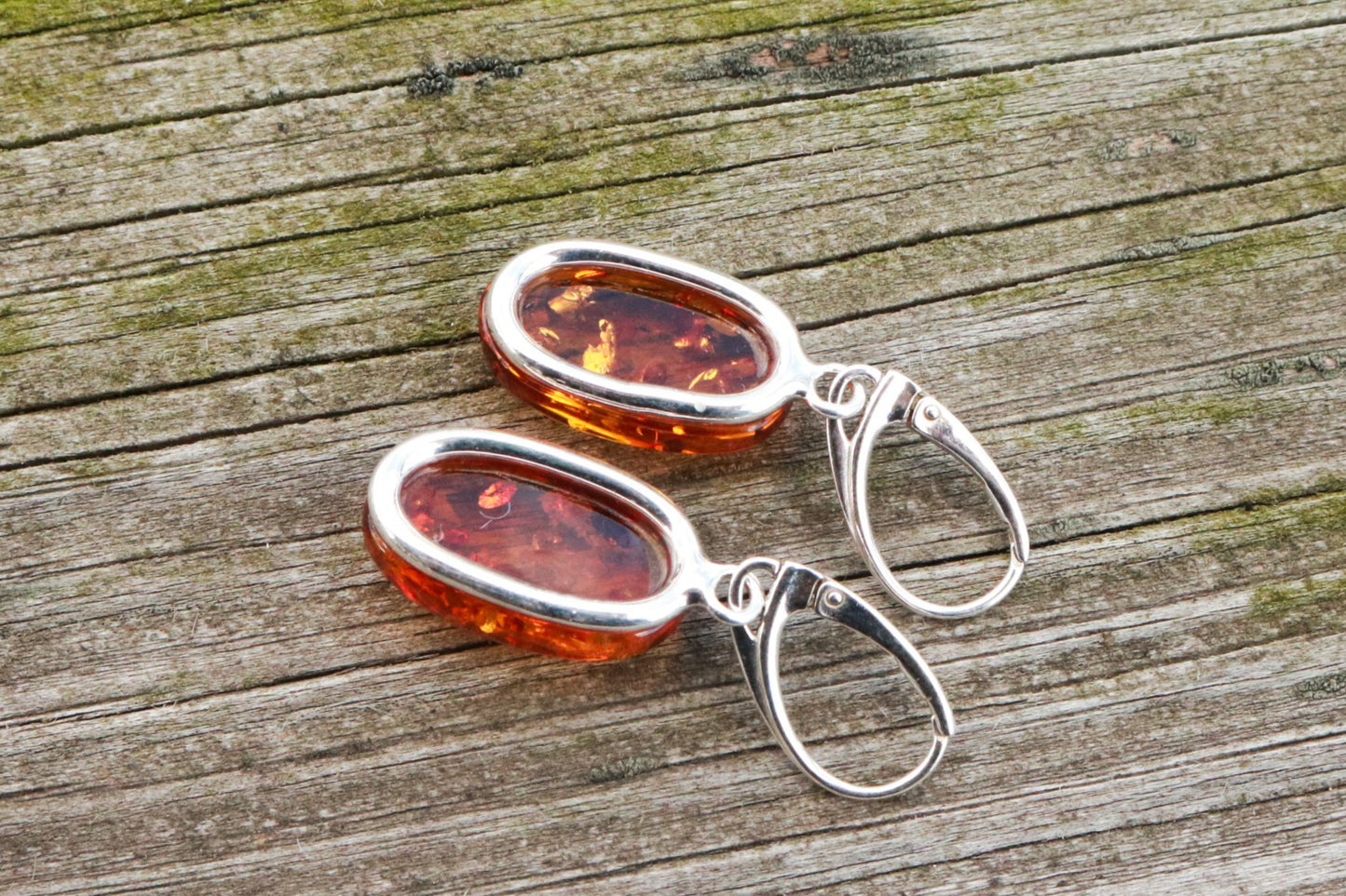 Baltic Amber Earrings Honey Oval Sparkling Natural Jewelry 1.62" 6 gram 925 silver