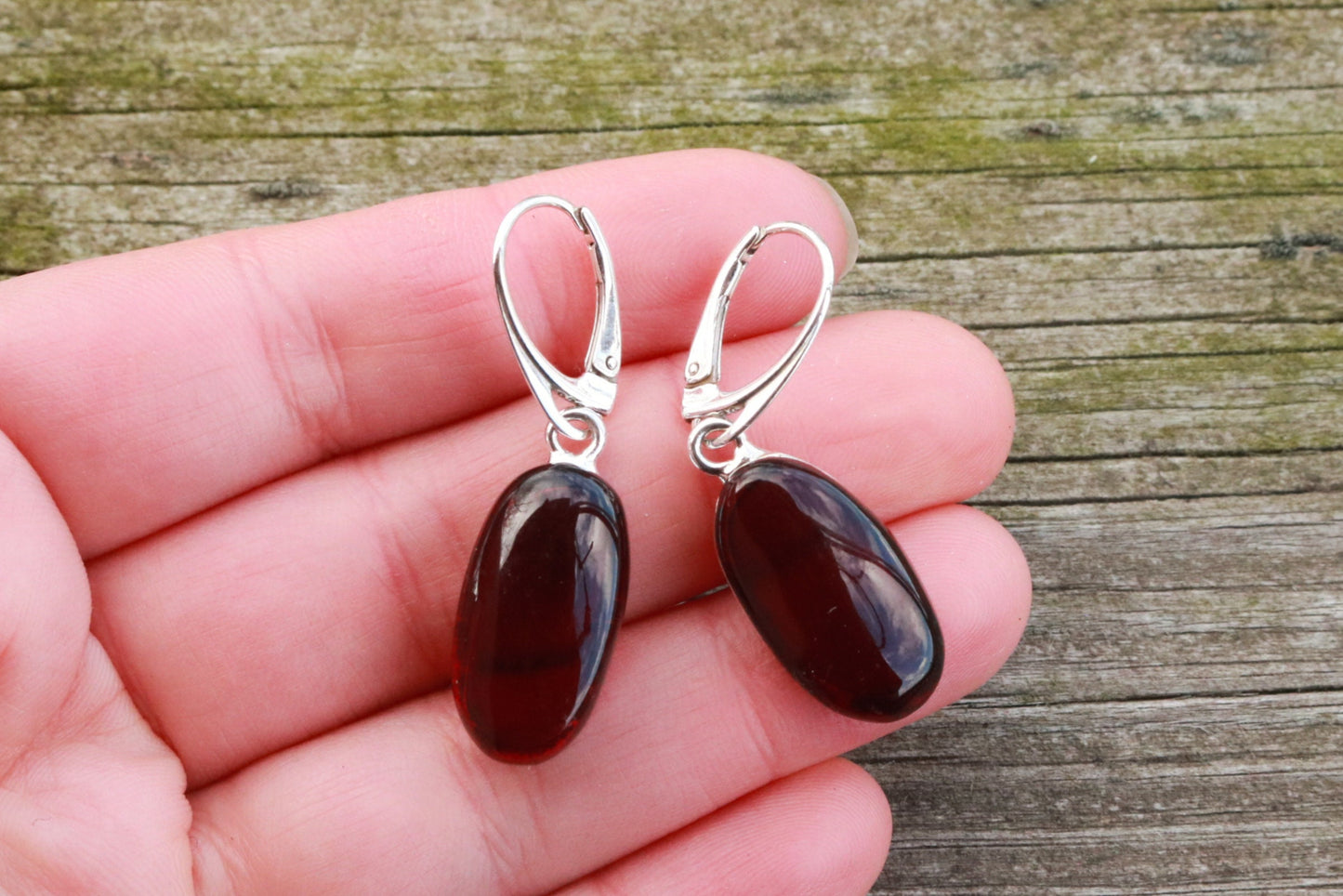 Baltic Amber Earrings Cherry Oval Natural 1.6" 6.6 gram 925 Silver 6.6 gram