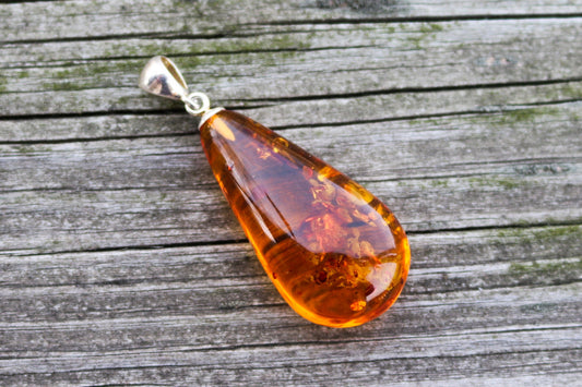 Baltic Amber Pendant Honey Drop Natural Unisex Jewelry 2" 6.5 gram 925 Silver