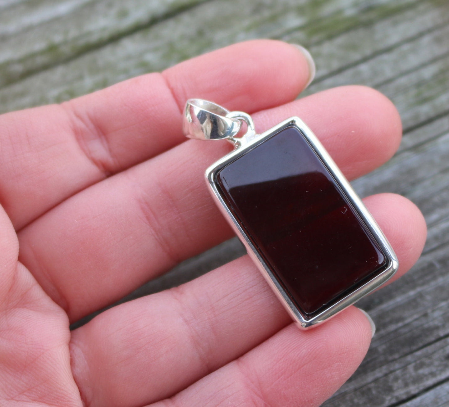 Baltic Amber Cherry Pendant Rectangle Natural Jewelry 925 silver 1.8" 8.4 gram