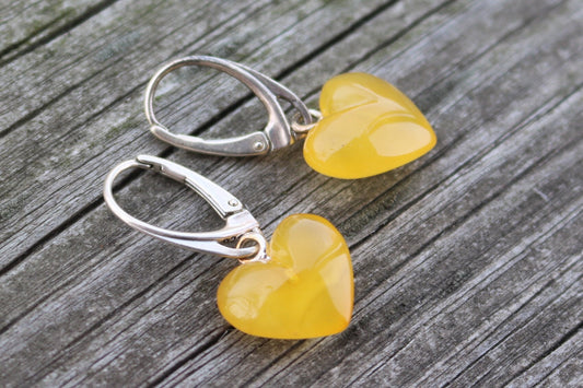 Baltic Amber Heart Hearrings Butterscotch Natural Untreated Cloudy 1.2" 925 Silver