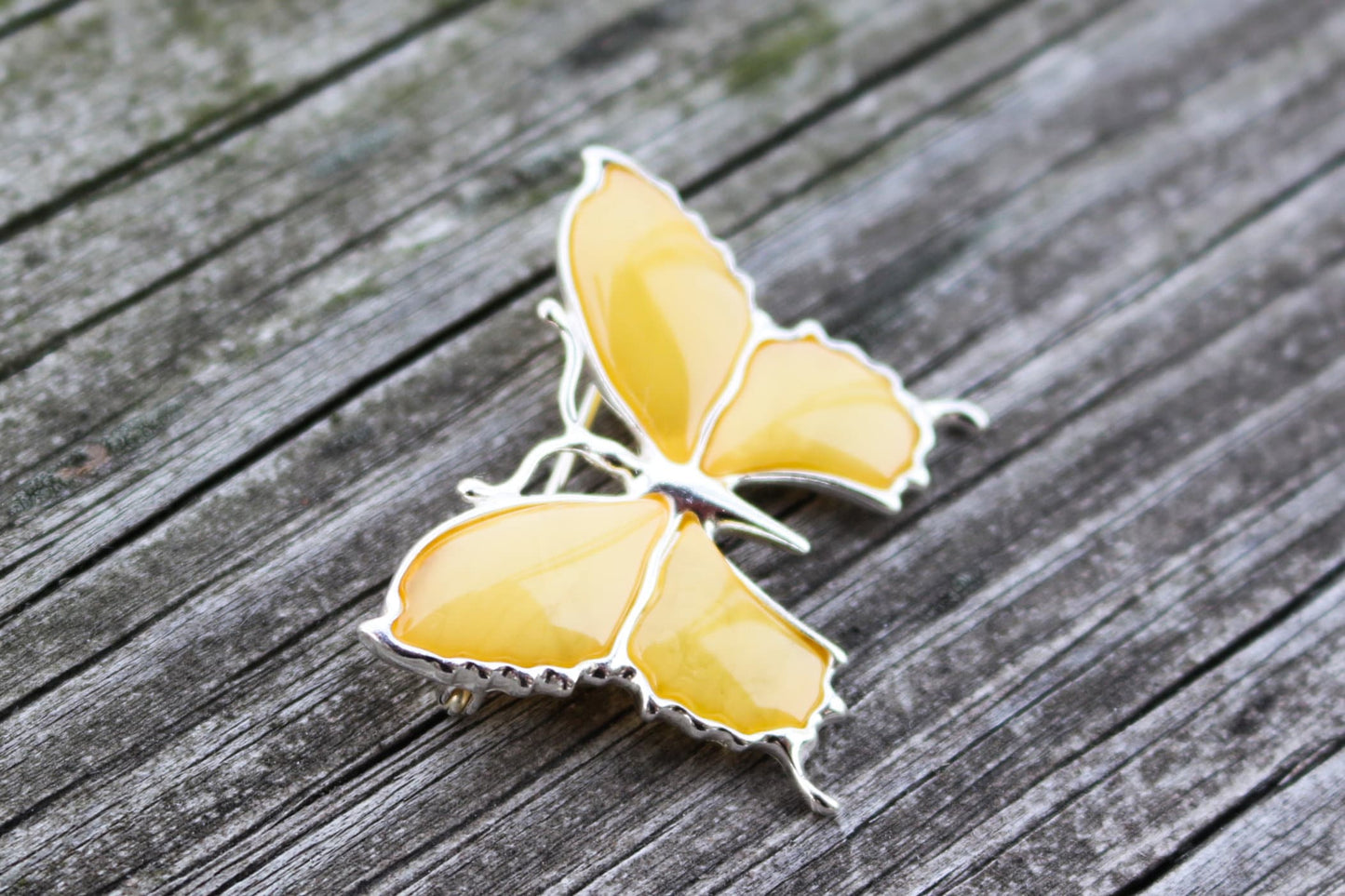 Baltic Amber Butterfly Pin Brooch Butterscotch Milky Natural Untreated Jewelry 925 Silver