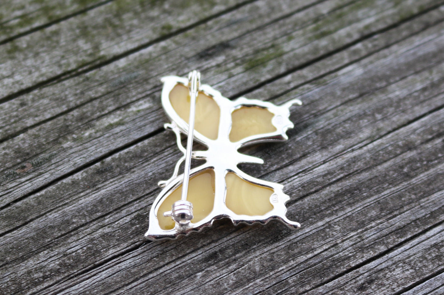 Baltic Amber Butterfly Pin Brooch Butterscotch Milky Natural Untreated Jewelry 925 Silver