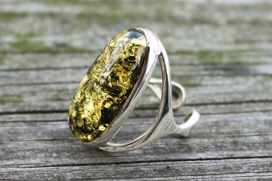 Baltic Amber Green Ring Adjustable Sparkling Oval Jewelry 925 Silver 11.7 gram