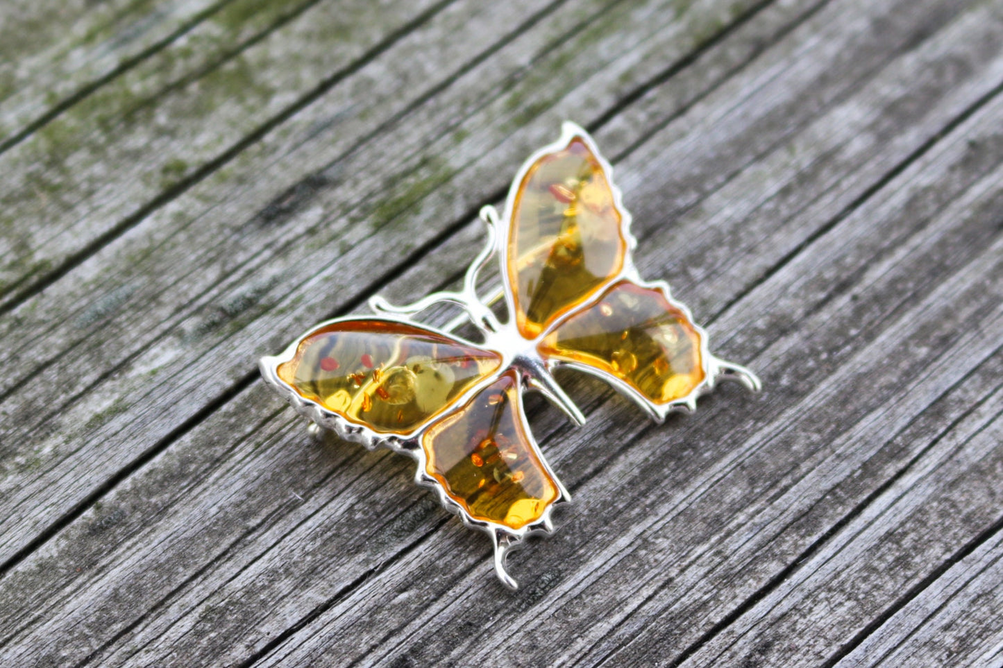 Baltic Amber Butterfly Pin Brooch Honey Jewelry Natural 925 Silver