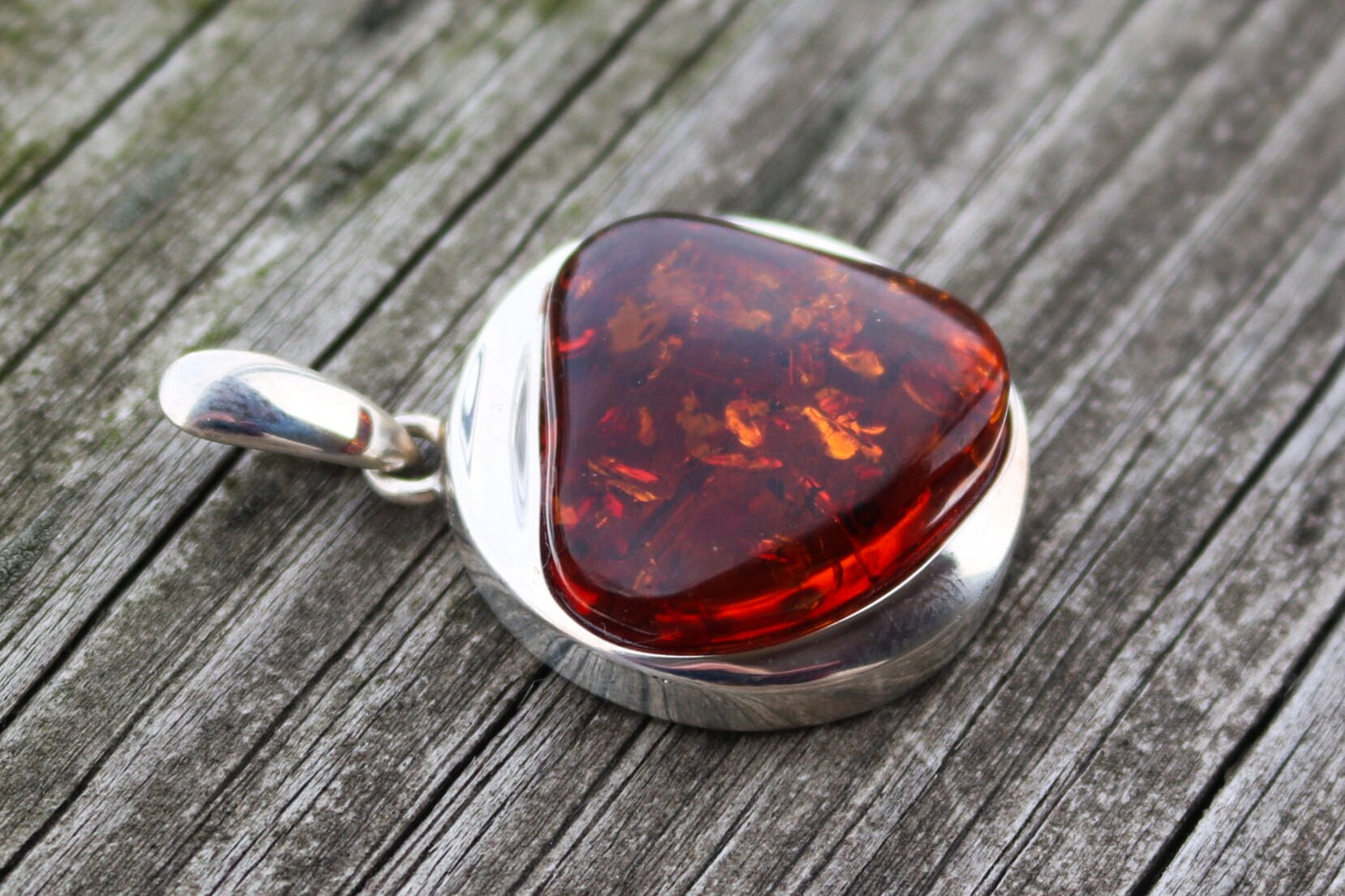 Baltic Amber Pendant Cognac Sparkling Round Unisex Jewelry 1.65" 10.3 gram 925 Silver