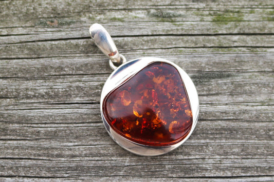 Baltic Amber Pendant Cognac Sparkling Round Unisex Jewelry 1.65" 10.3 gram 925 Silver