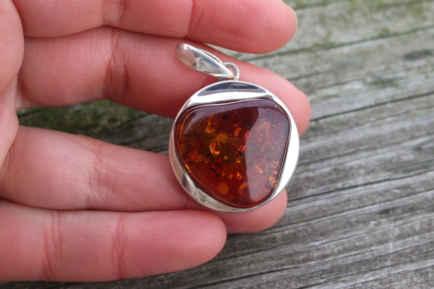 Baltic Amber Pendant Cognac Sparkling Round Unisex Jewelry 1.65" 10.3 gram 925 Silver