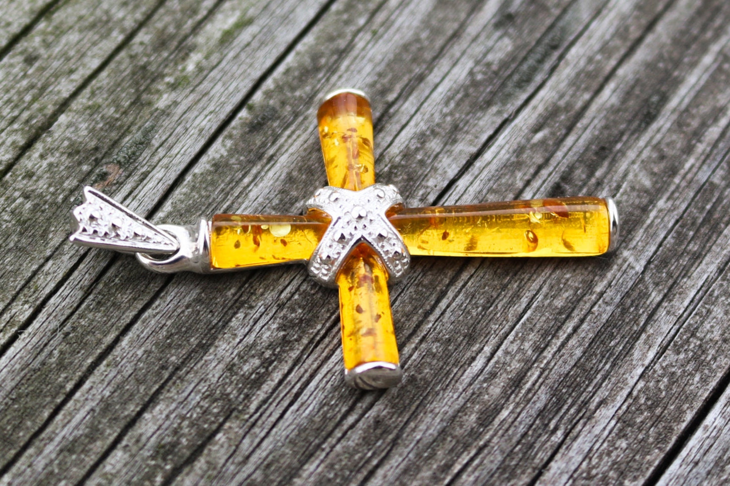 Baltic Amber Cross Pendant Yellow Natural Unisex Jewelry 1.9" 925 silver