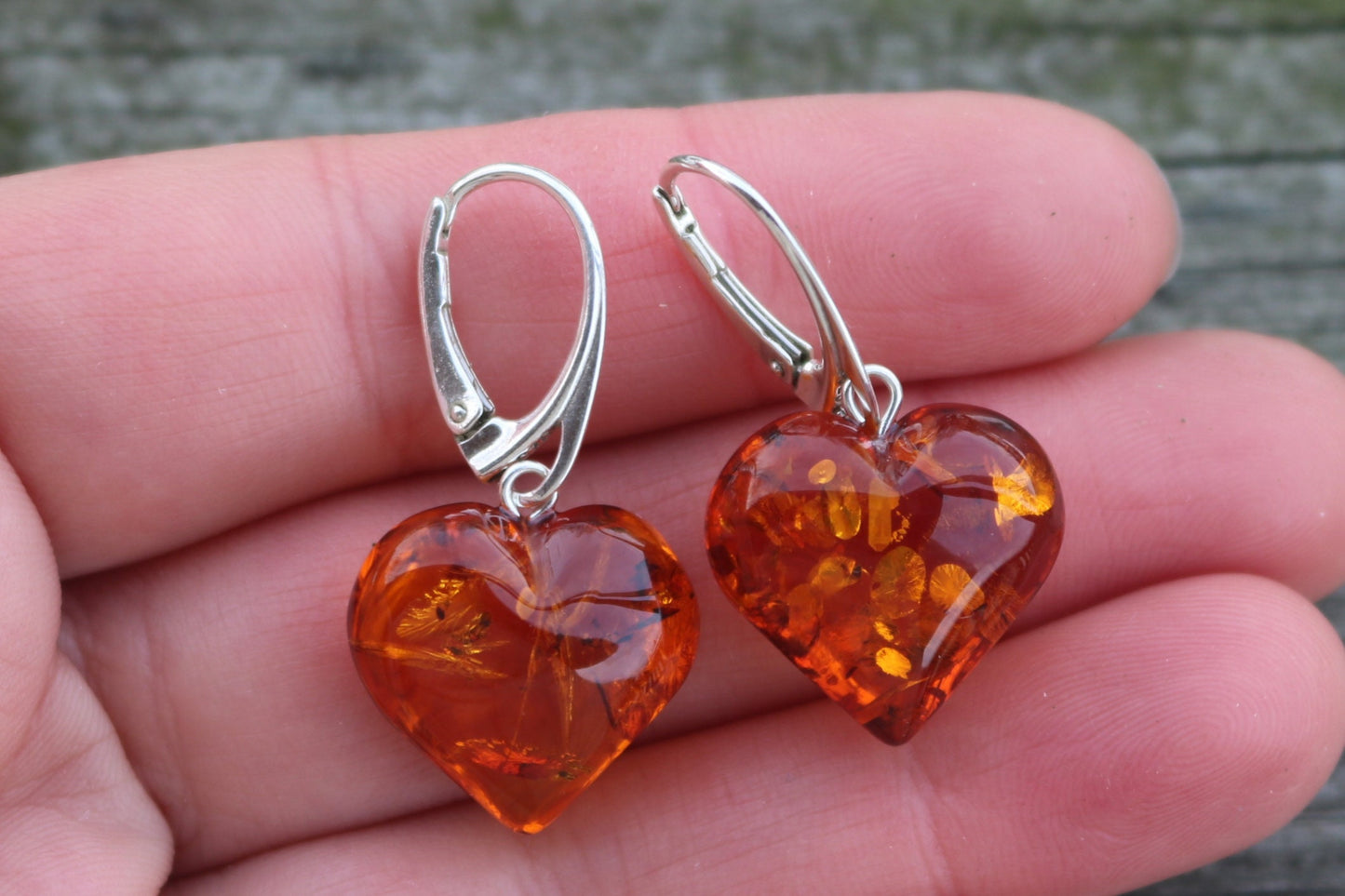 Baltic Amber Heart Earrings Cognac 1.4" 4.6 gram 925 Silver