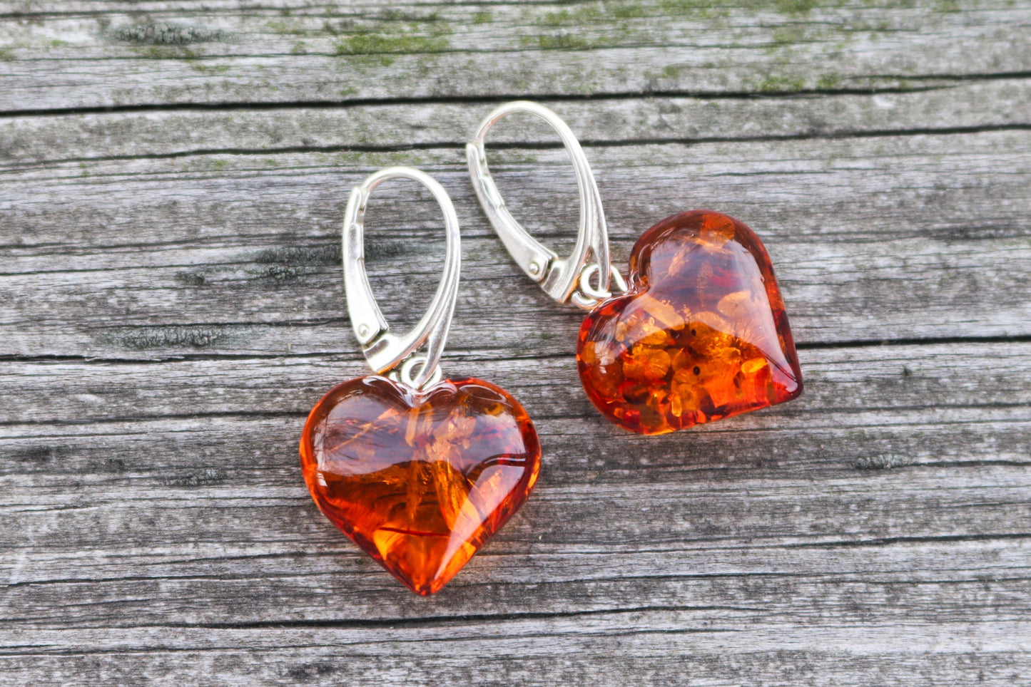 Baltic Amber Heart Earrings Cognac 1.4" 4.6 gram 925 Silver