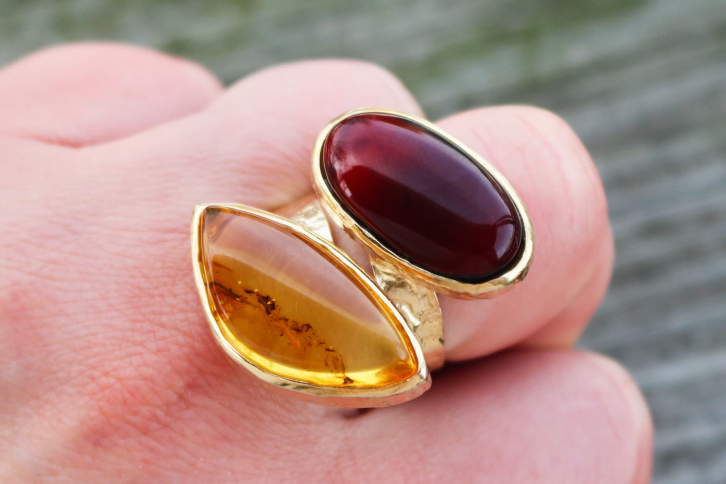 Baltic Amber Ring Gold Plated Cherry Yellow Adjustable Natural Untreated 16 gram