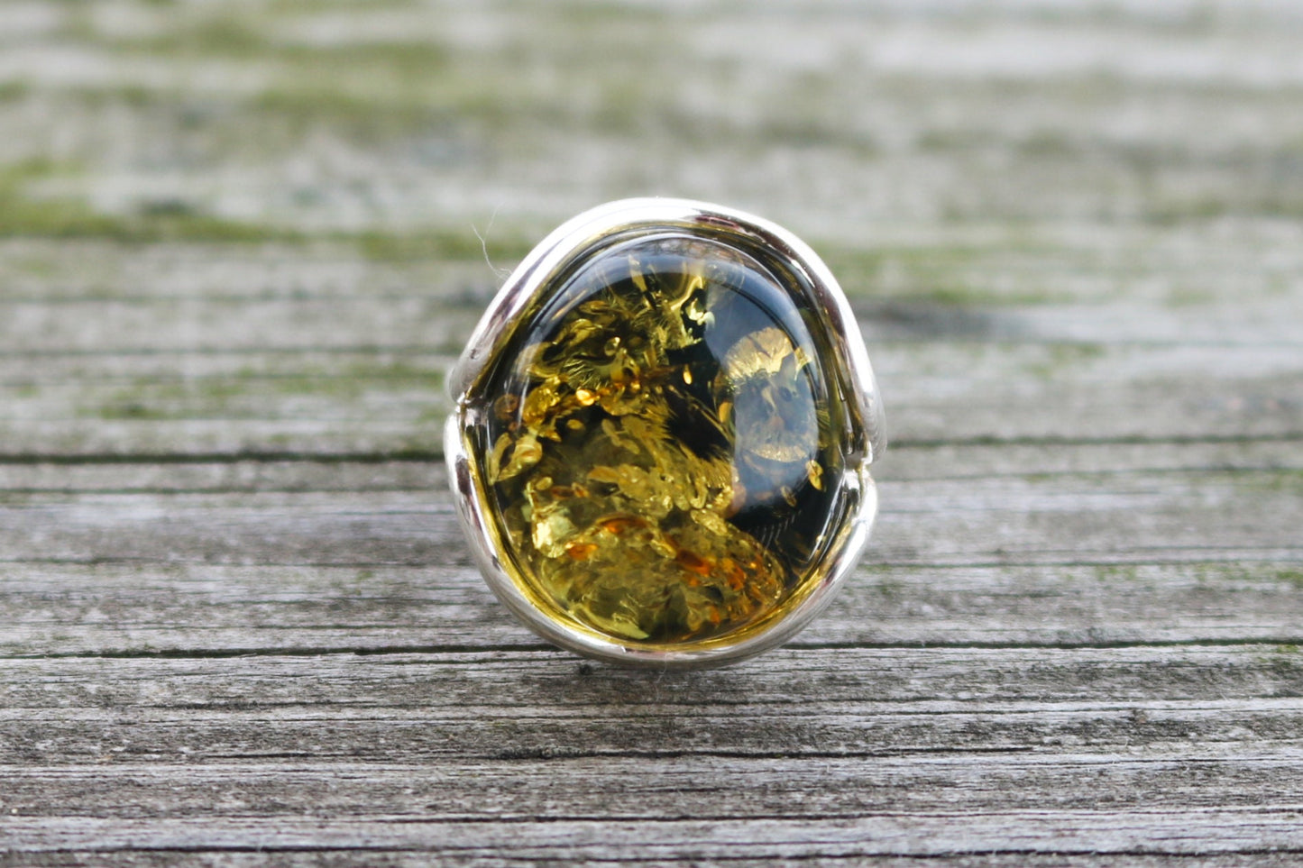 Baltic Amber Green Ring Adjustable Sparkling Jewelry 925 Silver 10 gram