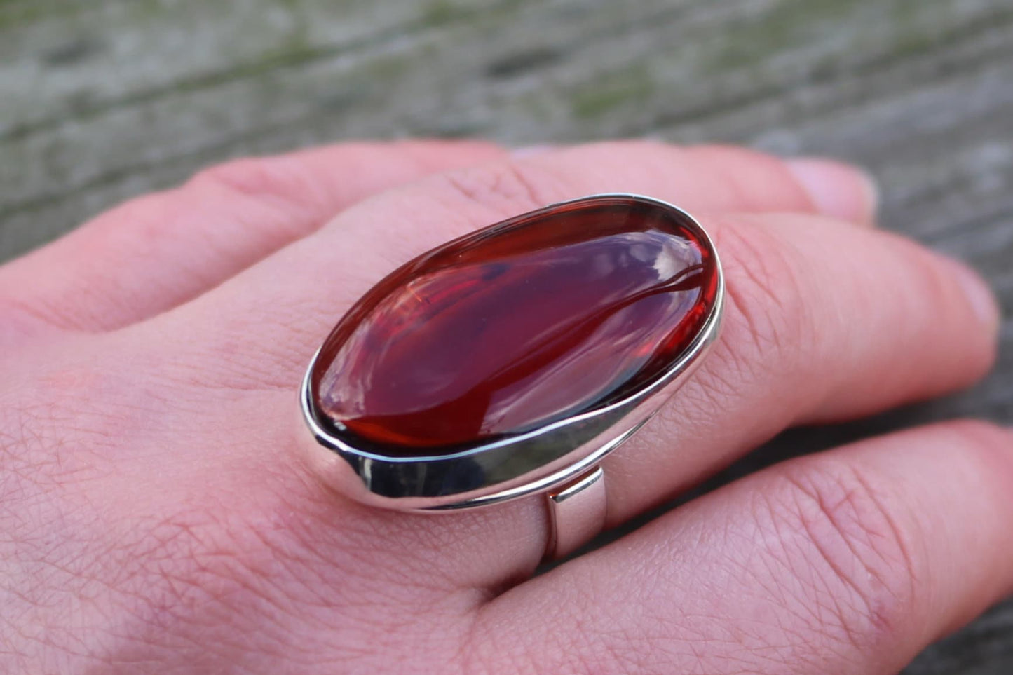 Baltic Amber Cherry Ring Oval Natural Adjustable Unisex 925 silver 12.1 gram