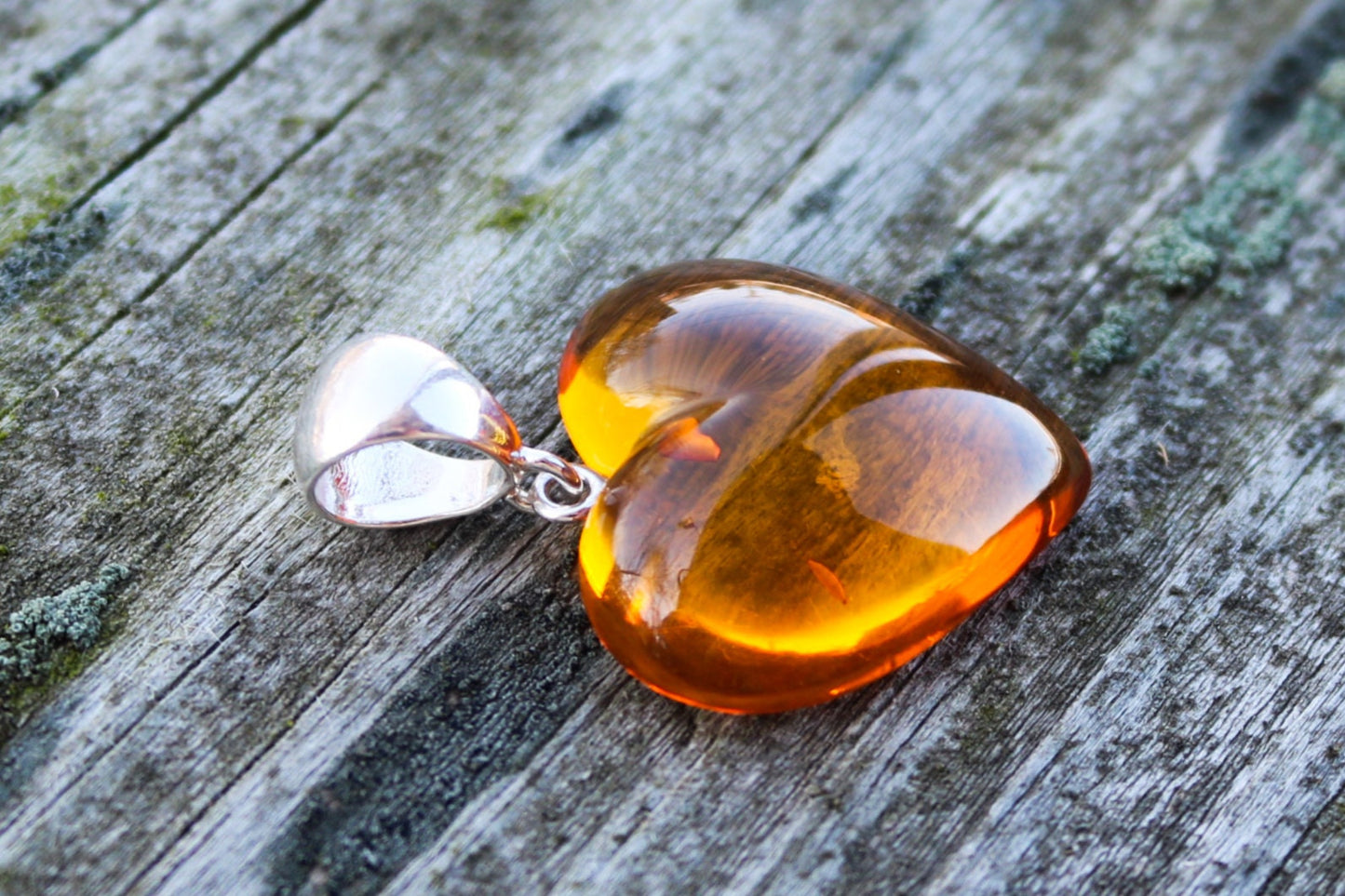 Baltic Amber Heart Pendant Honey Natural 1.52" 4.2 925 Silver