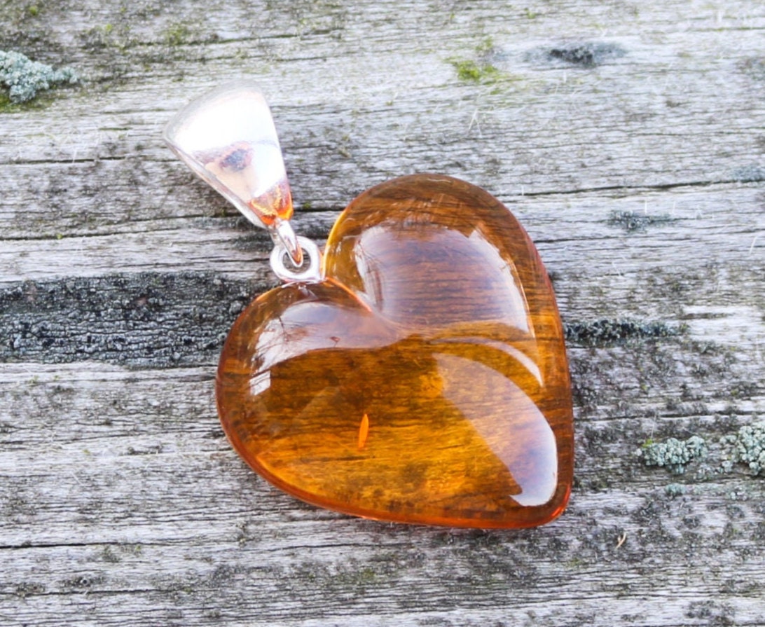 Baltic Amber Heart Pendant Honey Natural 1.52" 4.2 925 Silver