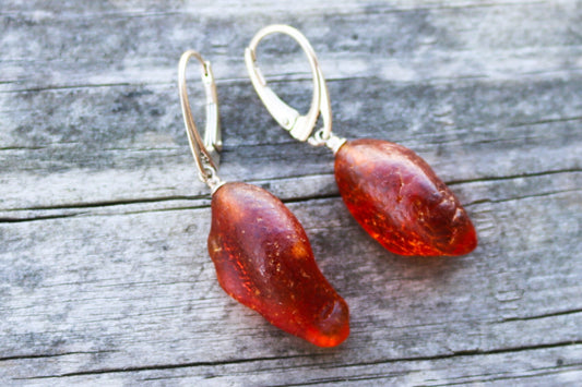 Baltic Amber Earrings Raw Nodule Natural Untreated Drops 1.8" 4.3 gram 925 Silver