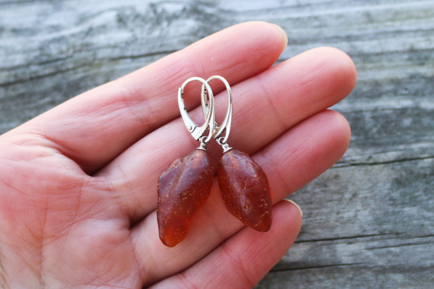 Baltic Amber Earrings Raw Nodule Natural Untreated Drops 1.8" 4.3 gram 925 Silver