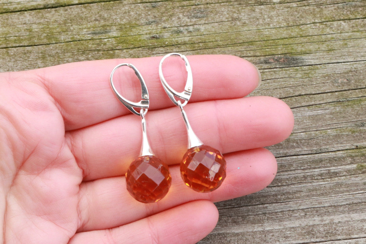 Baltic Amber Earrings Honey Faceted Balls Jewelry 1.8" 6 gram 925 silver