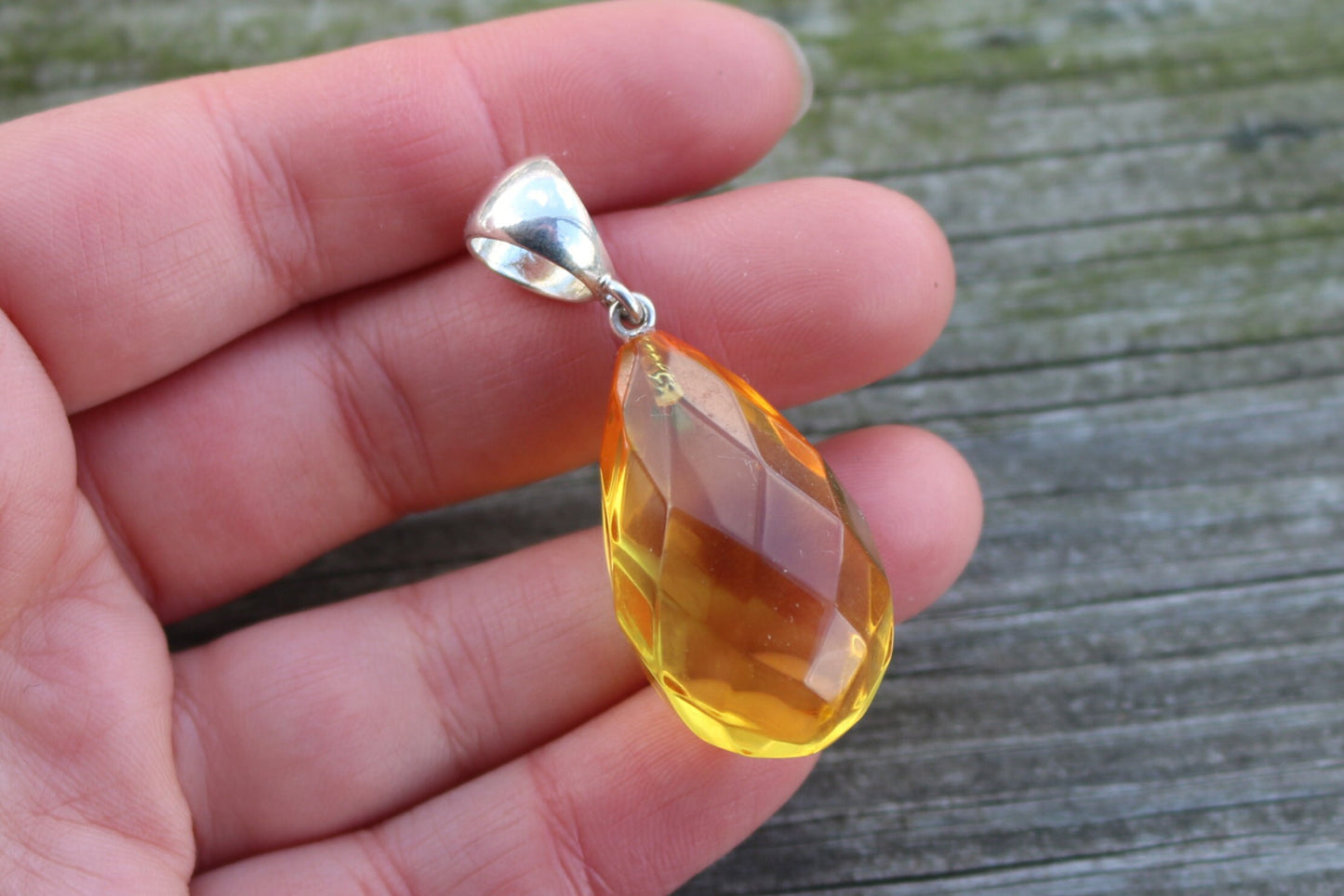 Baltic Amber Pendant Yellow Faceted Drop Natural Unisex  1.9″ 6.8 gram 925 Silver