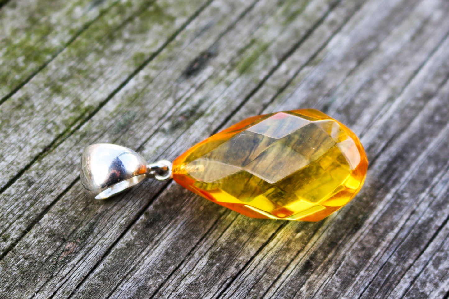 Baltic Amber Pendant Yellow Faceted Drop Natural Unisex  1.9″ 6.8 gram 925 Silver