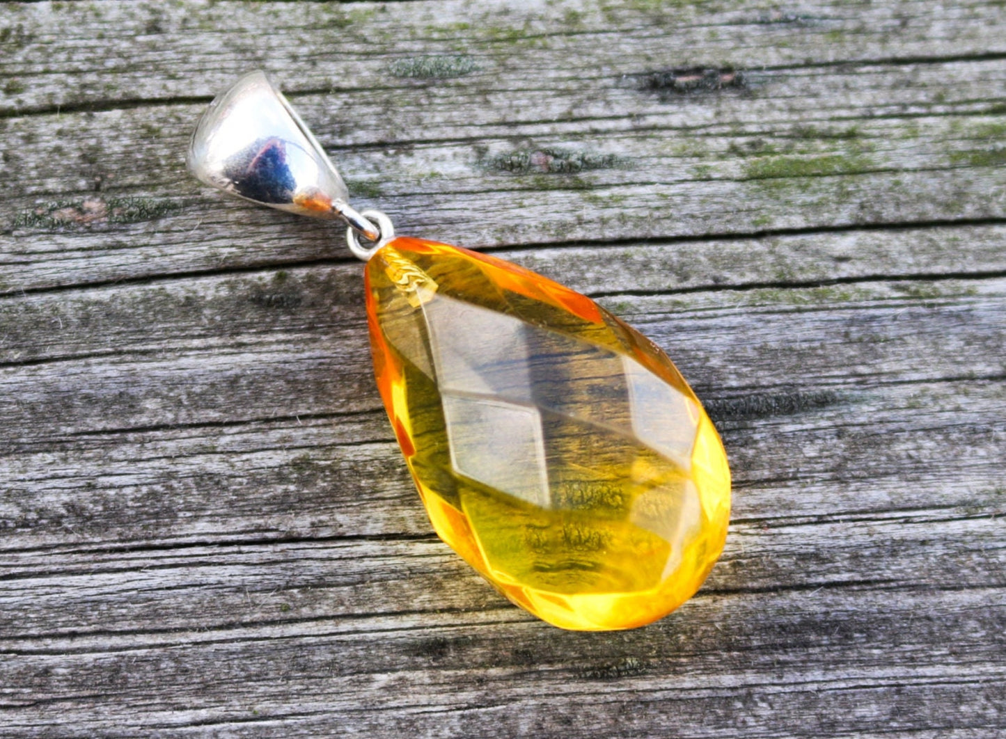 Baltic Amber Pendant Yellow Faceted Drop Natural Unisex  1.9″ 6.8 gram 925 Silver